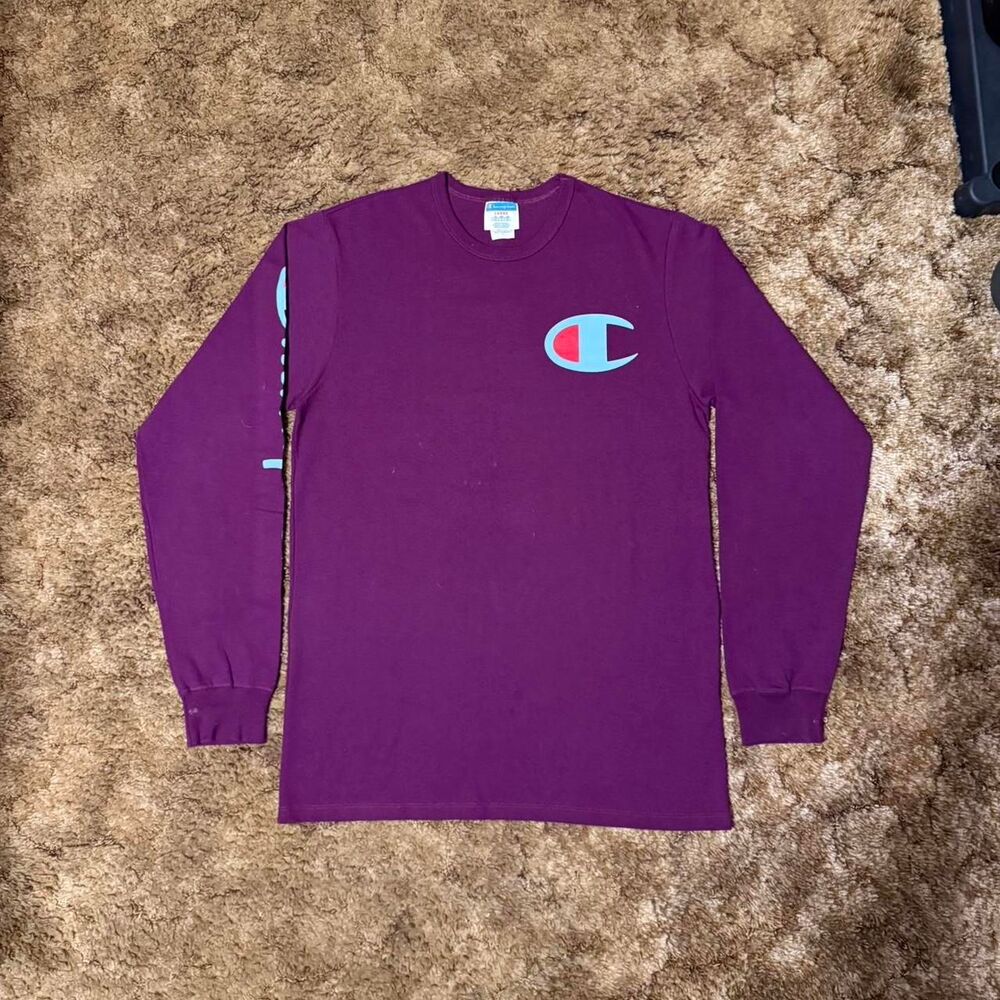 Champion Big Logo Long Sleeve T-Shirt Purple Blue Red Colorway Large